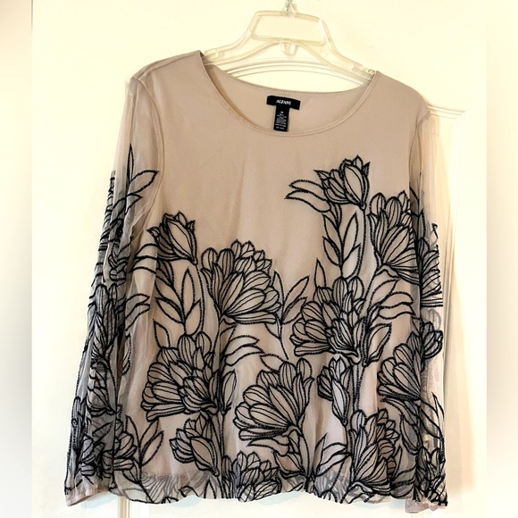 Alfani Tops - Alfani Taupe Rayon Blend Embroidery Floral Sheer Sleeve women’s size medium